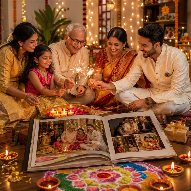 Annual family yearbook album open spread with festive celebration memories